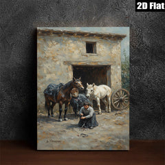 2D flat 1pc Black White Horses Stable Scene Farm Animal Portrait Wall Decor Living Room Bedroom Art Canvas Prints Modern Farmhouse Style
