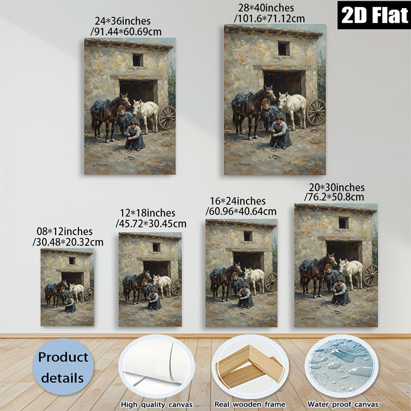 2D flat 1pc Black White Horses Stable Scene Farm Animal Portrait Wall Decor Living Room Bedroom Art Canvas Prints Modern Farmhouse Style