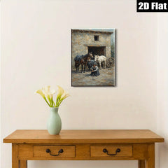 2D flat 1pc Black White Horses Stable Scene Farm Animal Portrait Wall Decor Living Room Bedroom Art Canvas Prints Modern Farmhouse Style