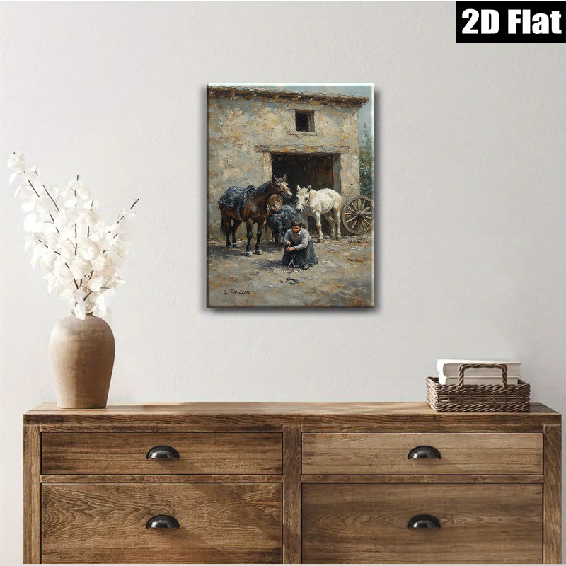 2D flat 1pc Black White Horses Stable Scene Farm Animal Portrait Wall Decor Living Room Bedroom Art Canvas Prints Modern Farmhouse Style