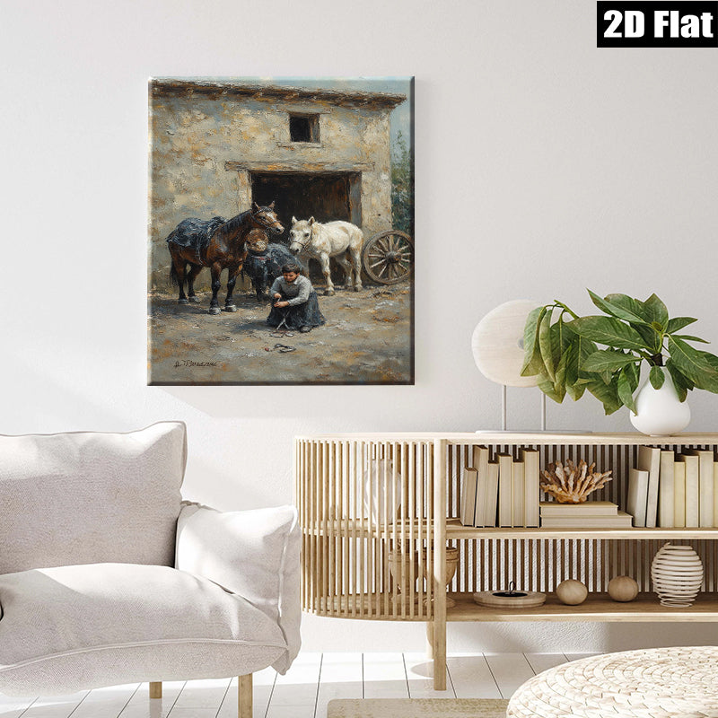 2D flat 1pc Black White Horses Stable Scene Farm Animal Portrait Wall Decor Living Room Bedroom Art Canvas Prints Modern Farmhouse Style