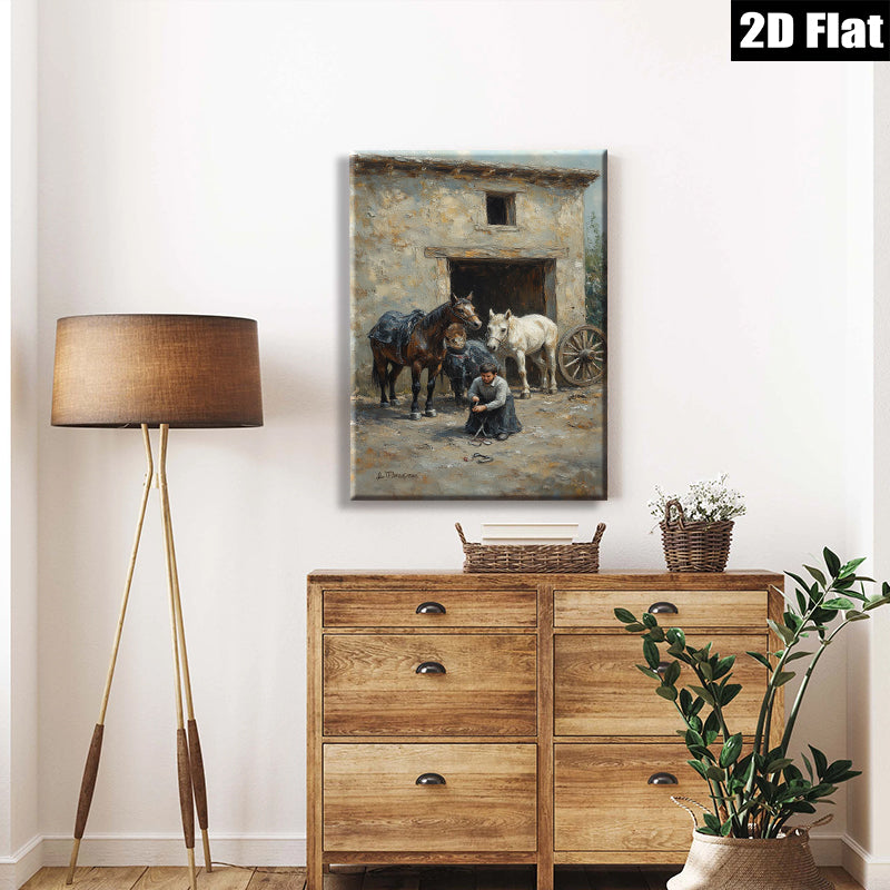 2D flat 1pc Black White Horses Stable Scene Farm Animal Portrait Wall Decor Living Room Bedroom Art Canvas Prints Modern Farmhouse Style