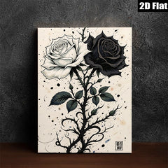 2D flat 1pc Black White Rose Stem Floral Wall Art Decor Living Room Bedroom Modern Farmhouse Gallery Wrapped Canvas Prints for Home Decoration