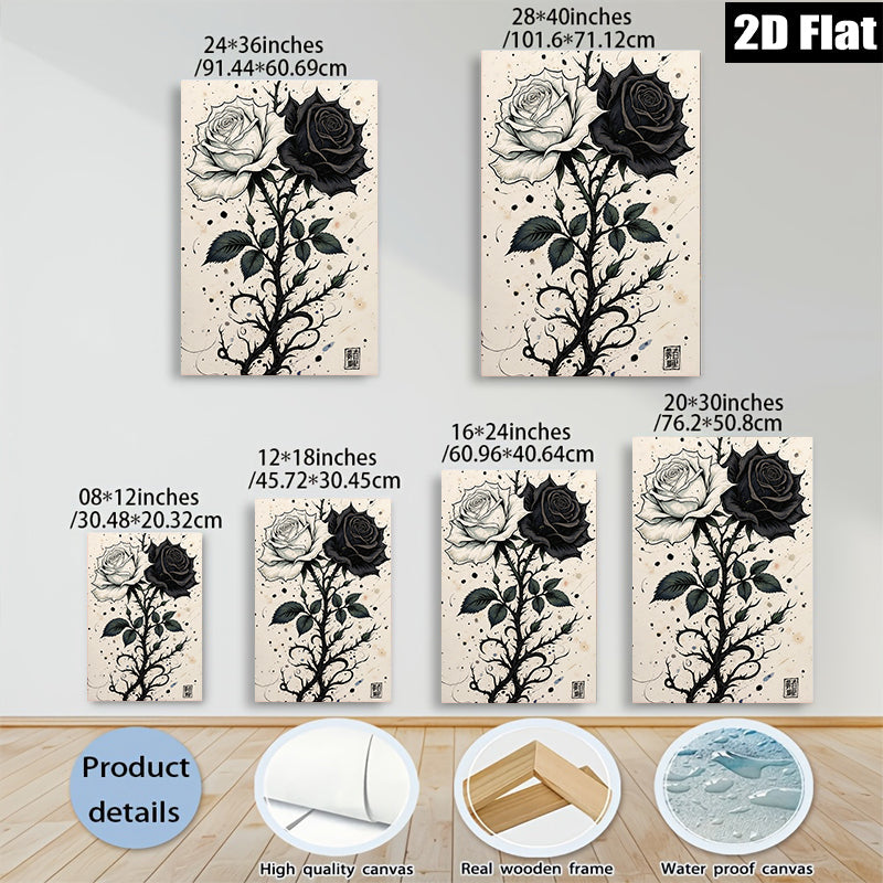 2D flat 1pc Black White Rose Stem Floral Wall Art Decor Living Room Bedroom Modern Farmhouse Gallery Wrapped Canvas Prints for Home Decoration