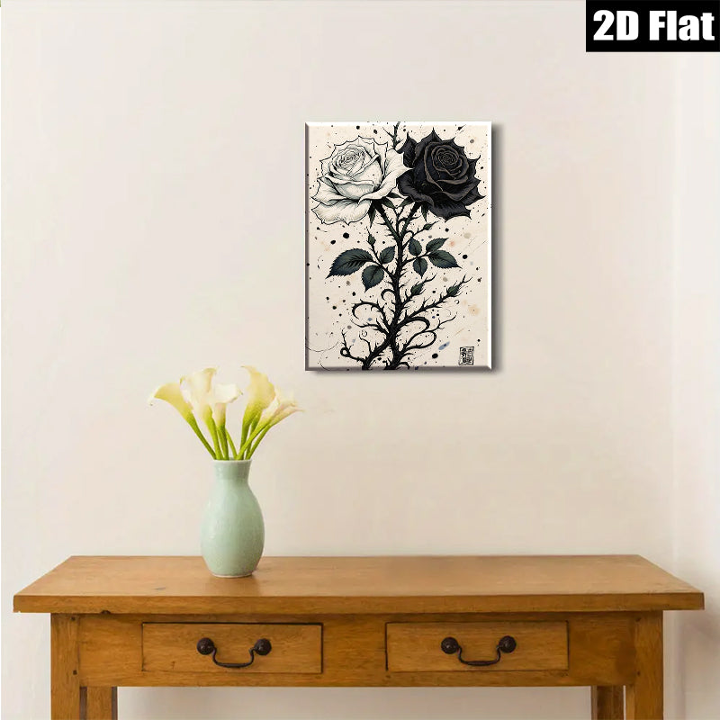 2D flat 1pc Black White Rose Stem Floral Wall Art Decor Living Room Bedroom Modern Farmhouse Gallery Wrapped Canvas Prints for Home Decoration