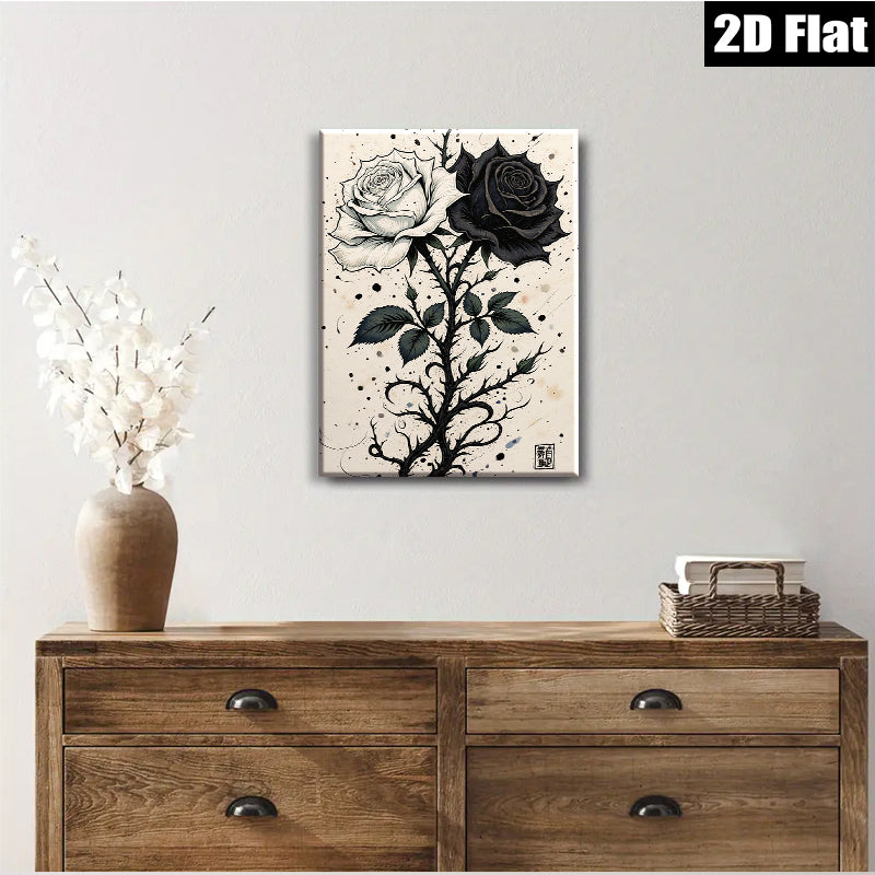 2D flat 1pc Black White Rose Stem Floral Wall Art Decor Living Room Bedroom Modern Farmhouse Gallery Wrapped Canvas Prints for Home Decoration
