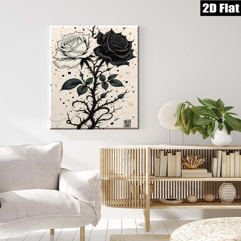 2D flat 1pc Black White Rose Stem Floral Wall Art Decor Living Room Bedroom Modern Farmhouse Gallery Wrapped Canvas Prints for Home Decoration