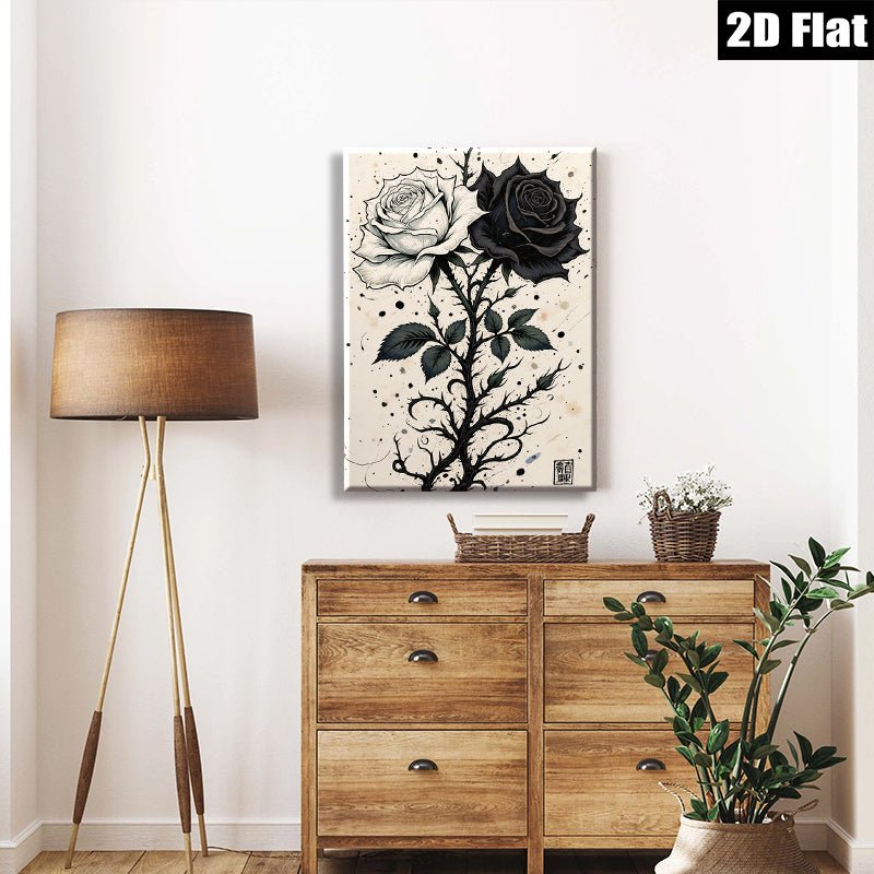 2D flat 1pc Black White Rose Stem Floral Wall Art Decor Living Room Bedroom Modern Farmhouse Gallery Wrapped Canvas Prints for Home Decoration