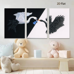 2D flat 1pc Black swan meets white swan canvas wall art for living room bedroom home decor farmhouse style gallery wrapped modern minimalist