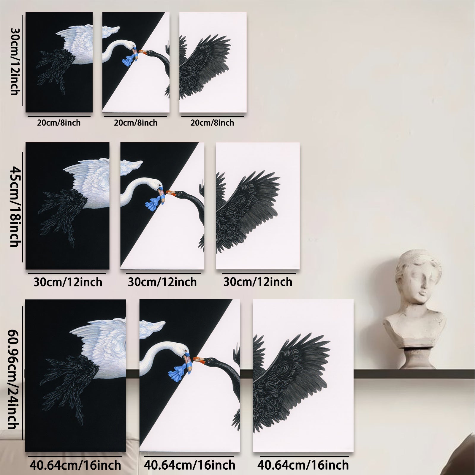 2D flat 1pc Black swan meets white swan canvas wall art for living room bedroom home decor farmhouse style gallery wrapped modern minimalist