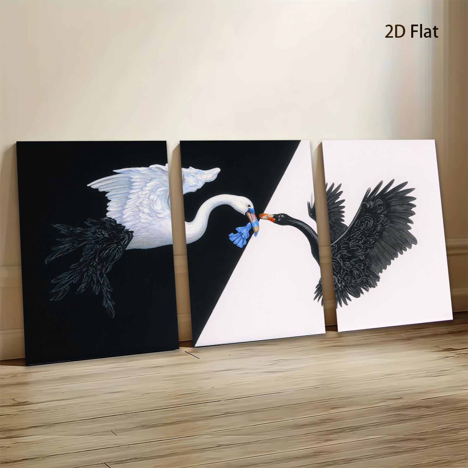 2D flat 1pc Black swan meets white swan canvas wall art for living room bedroom home decor farmhouse style gallery wrapped modern minimalist