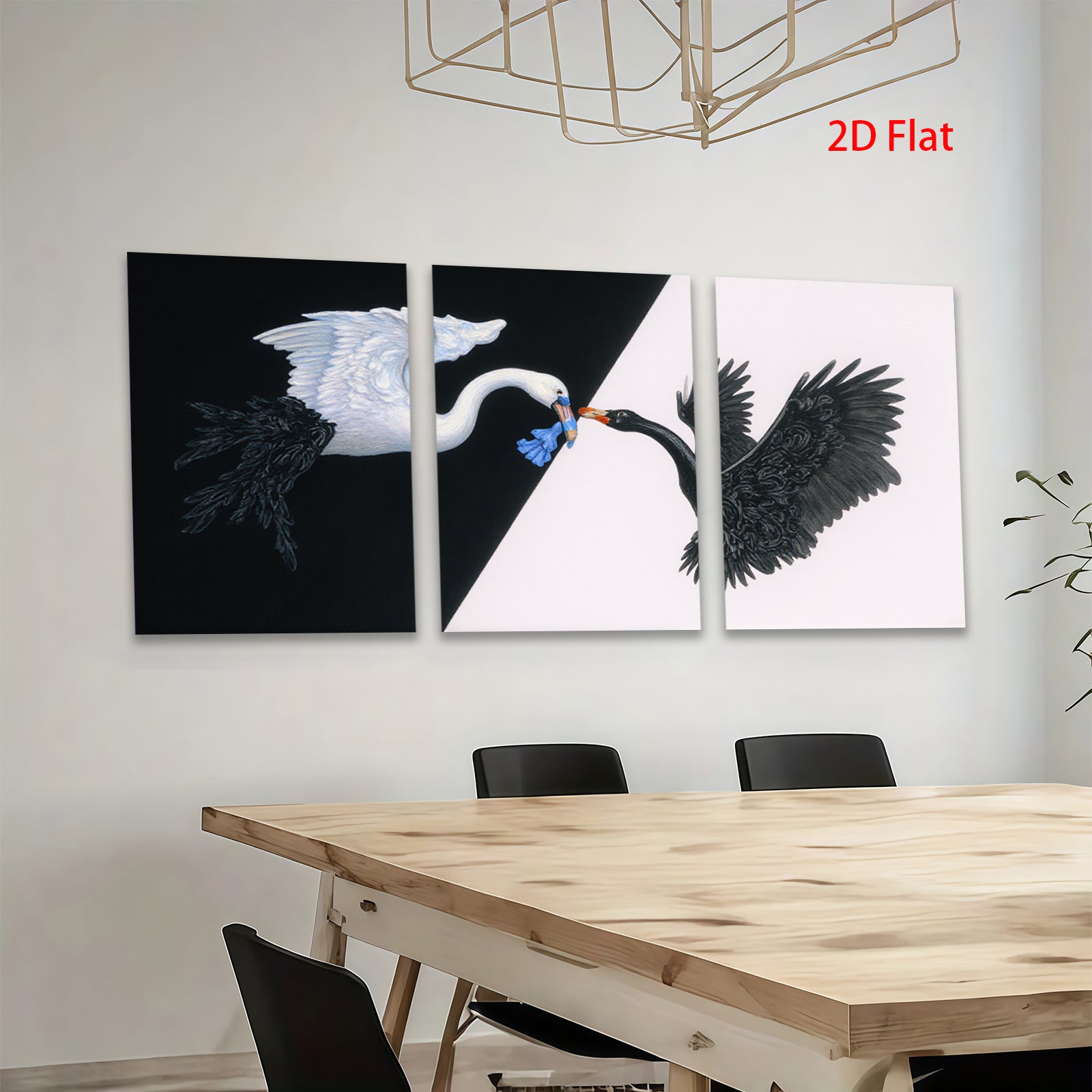 2D flat 1pc Black swan meets white swan canvas wall art for living room bedroom home decor farmhouse style gallery wrapped modern minimalist