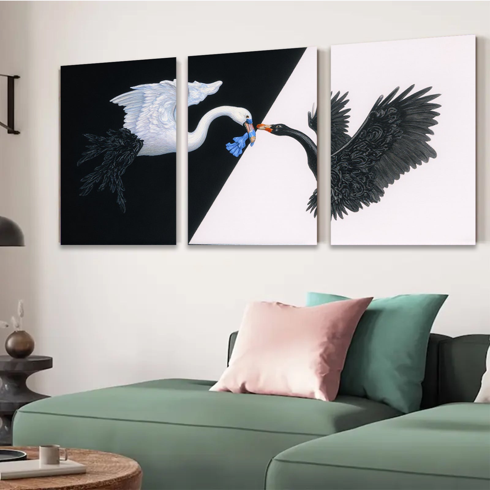 2D flat 1pc Black swan meets white swan canvas wall art for living room bedroom home decor farmhouse style gallery wrapped modern minimalist