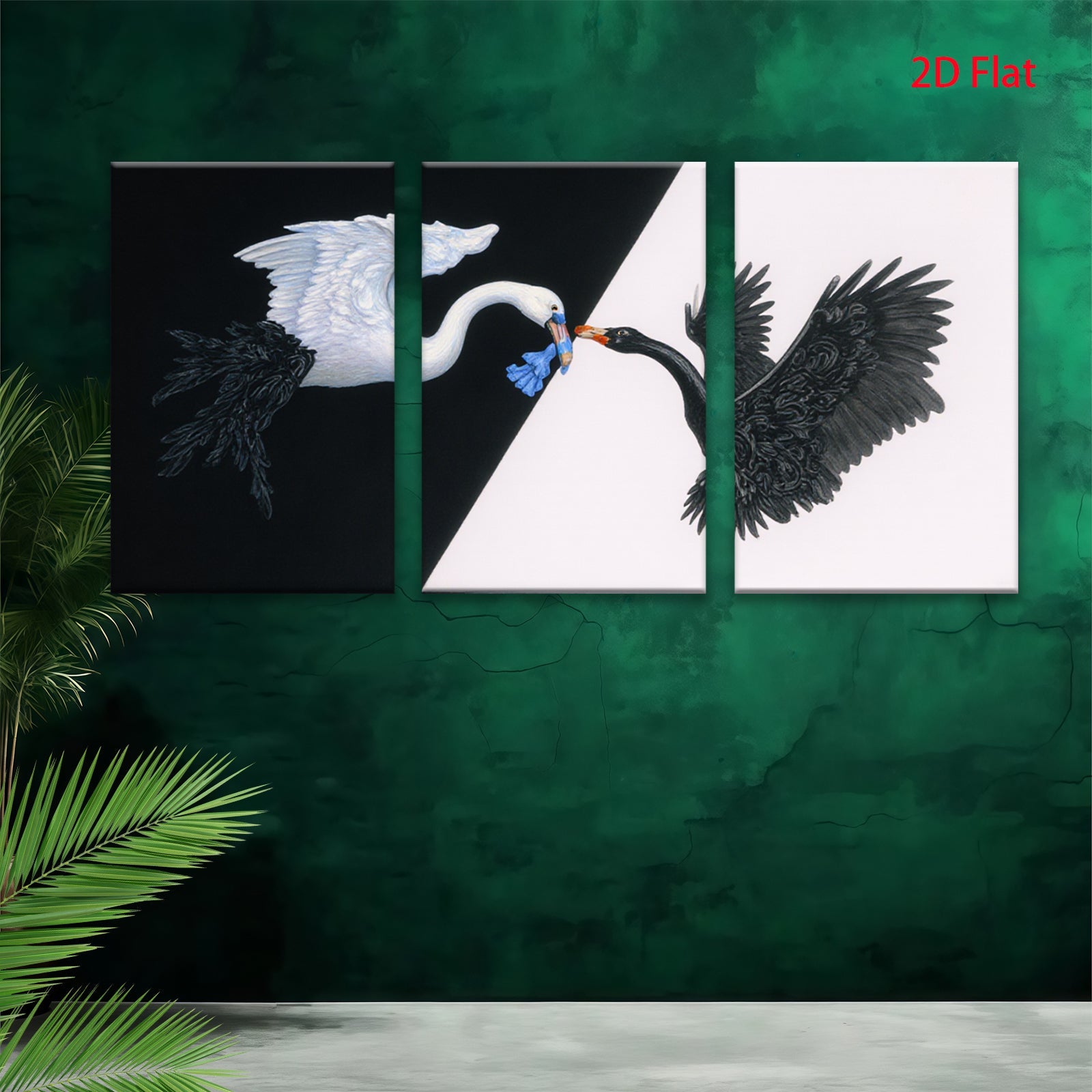 2D flat 1pc Black swan meets white swan canvas wall art for living room bedroom home decor farmhouse style gallery wrapped modern minimalist