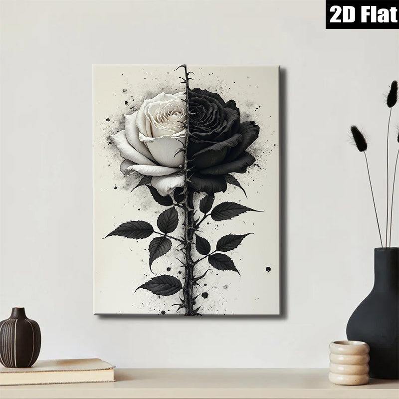 2D flat 1pc Blooming Black White Rose Wall Art Canvas Prints Botanical Floral Artwork Living Room Bedroom Home Decor Modern Farmhouse Style Gallery Wrapped Timeless Design