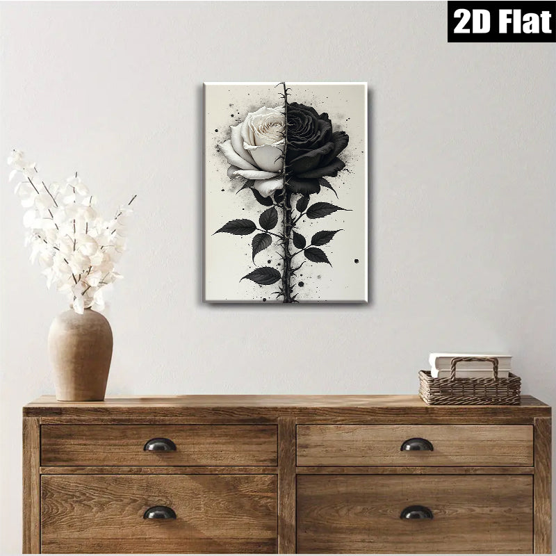 2D flat 1pc Blooming Black White Rose Wall Art Canvas Prints Botanical Floral Artwork Living Room Bedroom Home Decor Modern Farmhouse Style Gallery Wrapped Timeless Design