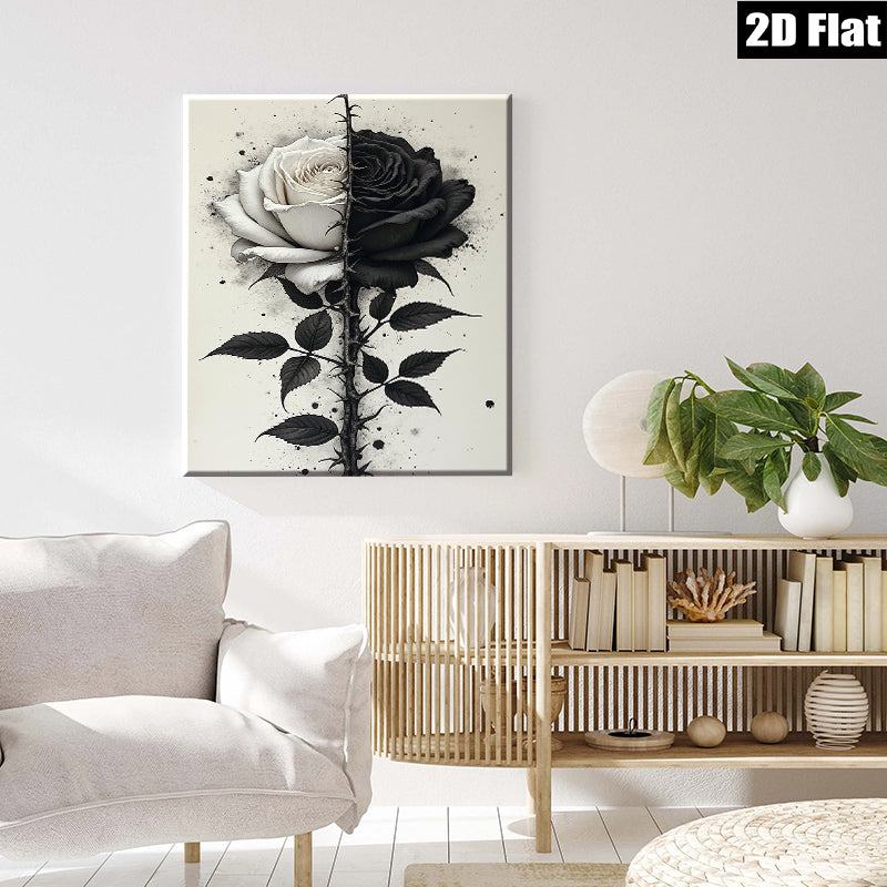 2D flat 1pc Blooming Black White Rose Wall Art Canvas Prints Botanical Floral Artwork Living Room Bedroom Home Decor Modern Farmhouse Style Gallery Wrapped Timeless Design