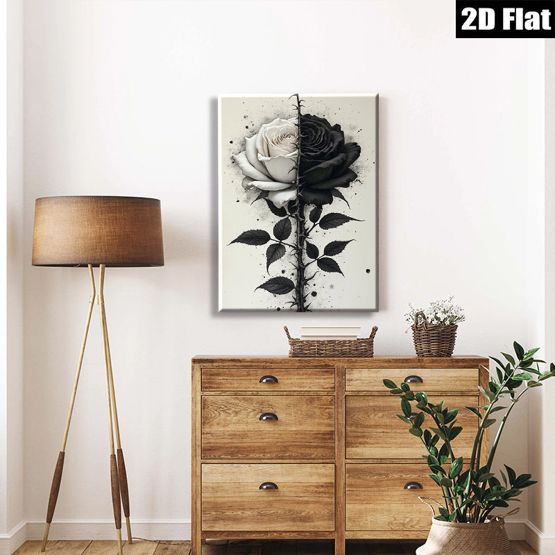 2D flat 1pc Blooming Black White Rose Wall Art Canvas Prints Botanical Floral Artwork Living Room Bedroom Home Decor Modern Farmhouse Style Gallery Wrapped Timeless Design