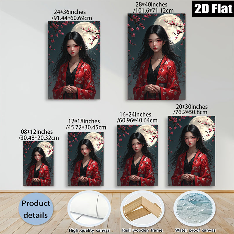 2D flat 1pc Blooming Cherry Blossom Girl Portrait Wall Art Canvas Prints for Living Room Bedroom Home Decor Modern Aesthetic Room Refresh Coastal Farmhouse Style
