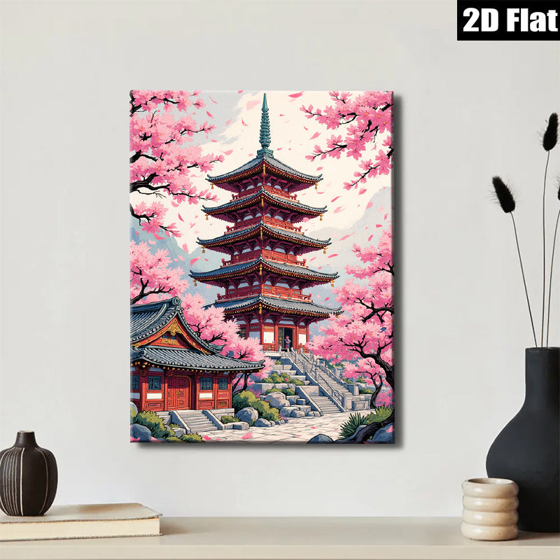 2D flat 1pc Blooming Cherry Blossom Pagoda Wall Art Decor Living Room Bedroom Canvas Prints Modern Farmhouse Aesthetic Home Decorations Gift Ideas