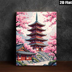 2D flat 1pc Blooming Cherry Blossom Pagoda Wall Art Decor Living Room Bedroom Canvas Prints Modern Farmhouse Aesthetic Home Decorations Gift Ideas