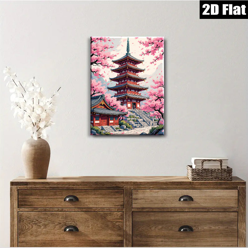 2D flat 1pc Blooming Cherry Blossom Pagoda Wall Art Decor Living Room Bedroom Canvas Prints Modern Farmhouse Aesthetic Home Decorations Gift Ideas