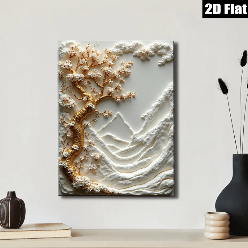 2D flat 1pc Blooming Cherry Blossom Tree Mountainscape Wall Art Canvas Print for Living Room Bedroom Home Decor Modern Farmhouse Style Gallery Wrapped Ready to Hang