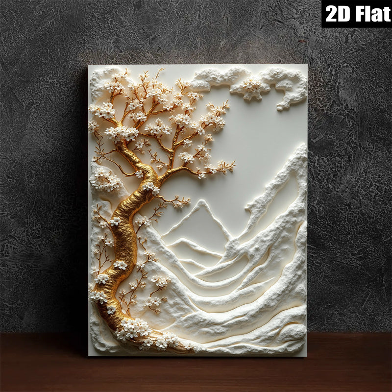 2D flat 1pc Blooming Cherry Blossom Tree Mountainscape Wall Art Canvas Print for Living Room Bedroom Home Decor Modern Farmhouse Style Gallery Wrapped Ready to Hang