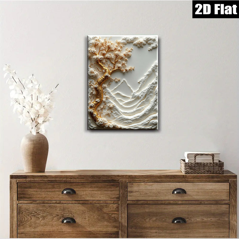2D flat 1pc Blooming Cherry Blossom Tree Mountainscape Wall Art Canvas Print for Living Room Bedroom Home Decor Modern Farmhouse Style Gallery Wrapped Ready to Hang