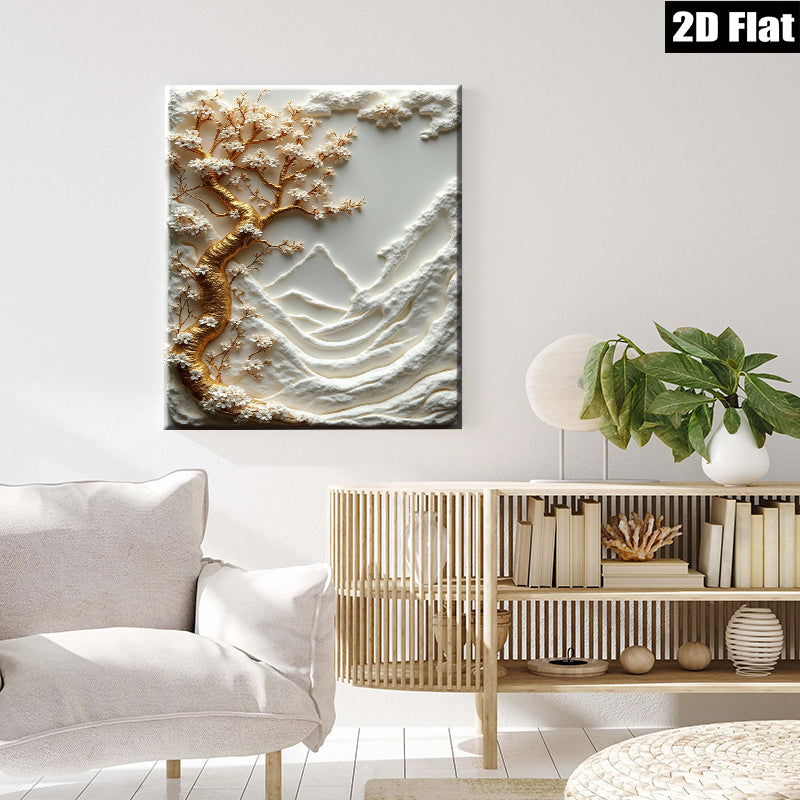 2D flat 1pc Blooming Cherry Blossom Tree Mountainscape Wall Art Canvas Print for Living Room Bedroom Home Decor Modern Farmhouse Style Gallery Wrapped Ready to Hang