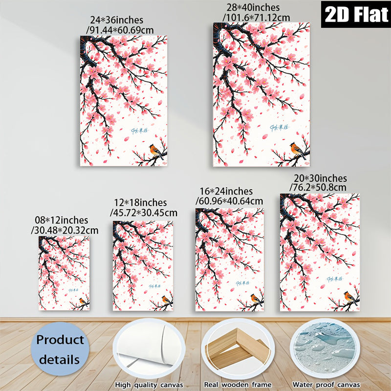 2D flat 1pc Blooming Cherry Blossom with Songbird Wall Art for Living Room Bedroom Home Decor Modern Farmhouse Style Canvas Prints Floral Artwork