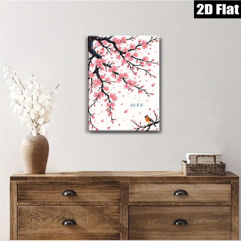 2D flat 1pc Blooming Cherry Blossom with Songbird Wall Art for Living Room Bedroom Home Decor Modern Farmhouse Style Canvas Prints Floral Artwork