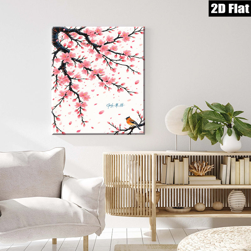 2D flat 1pc Blooming Cherry Blossom with Songbird Wall Art for Living Room Bedroom Home Decor Modern Farmhouse Style Canvas Prints Floral Artwork