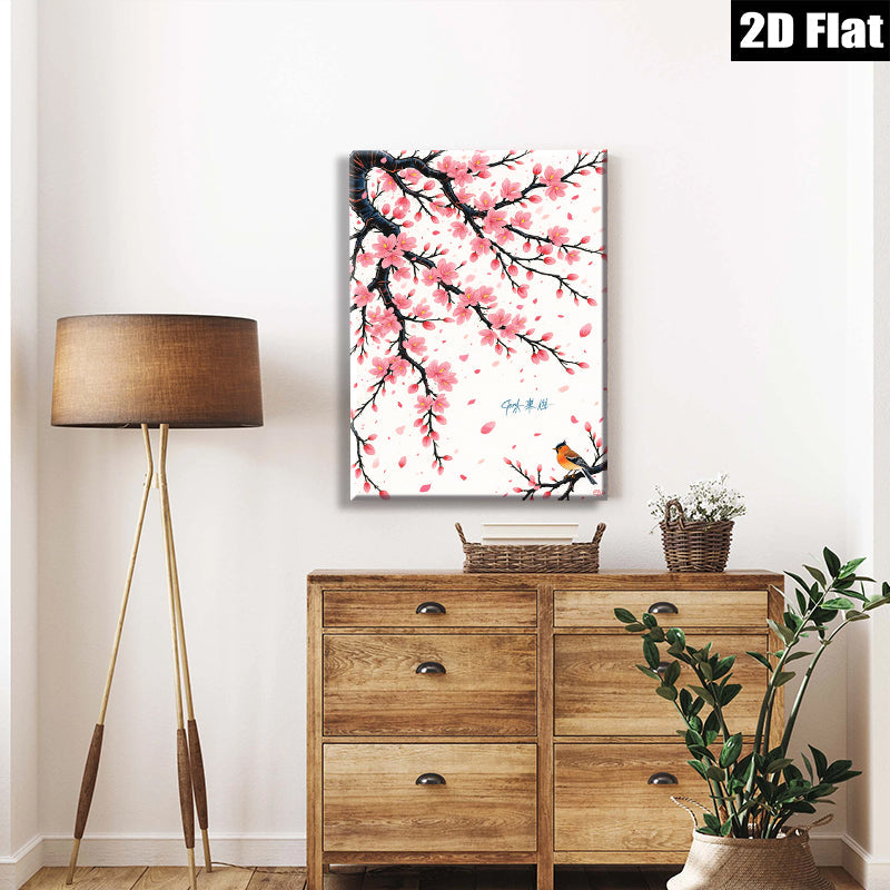 2D flat 1pc Blooming Cherry Blossom with Songbird Wall Art for Living Room Bedroom Home Decor Modern Farmhouse Style Canvas Prints Floral Artwork