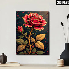 2D flat 1pc Blooming Crimson Rose Wall Art Canvas Prints Botanical Decor Living Room Bedroom Modern Farmhouse Rustic Gallery Wrapped Timeless Elegance