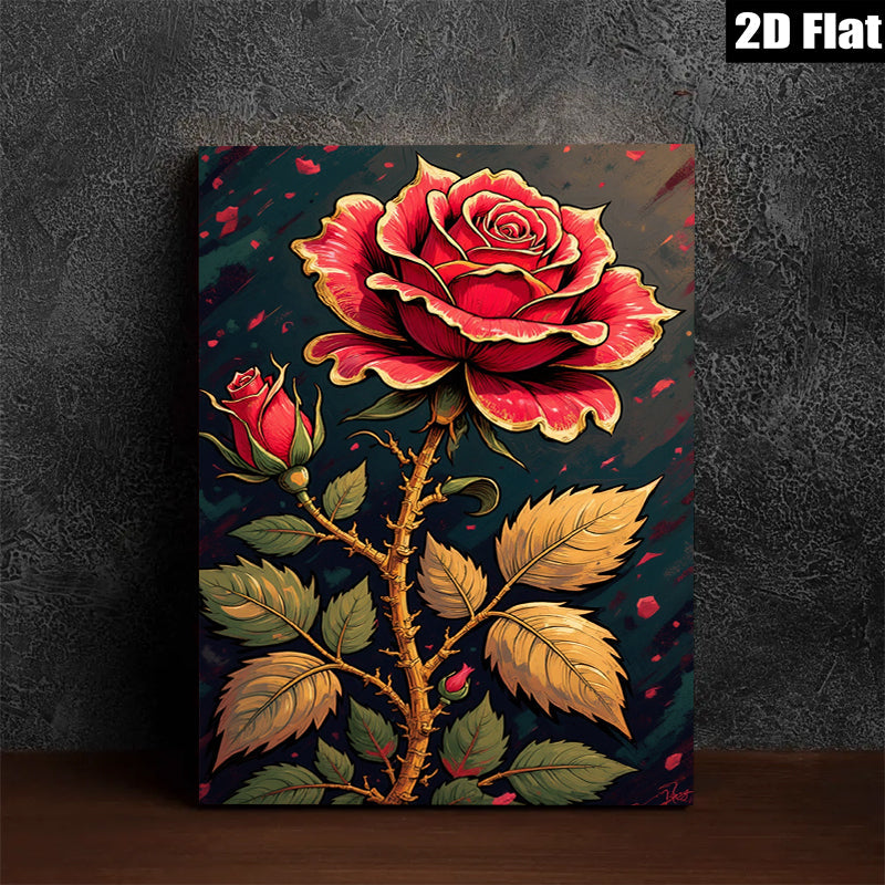 2D flat 1pc Blooming Crimson Rose Wall Art Canvas Prints Botanical Decor Living Room Bedroom Modern Farmhouse Rustic Gallery Wrapped Timeless Elegance