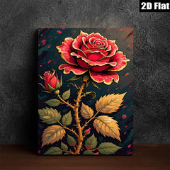 2D flat 1pc Blooming Crimson Rose Wall Art Canvas Prints Botanical Decor Living Room Bedroom Modern Farmhouse Rustic Gallery Wrapped Timeless Elegance