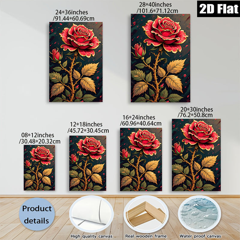 2D flat 1pc Blooming Crimson Rose Wall Art Canvas Prints Botanical Decor Living Room Bedroom Modern Farmhouse Rustic Gallery Wrapped Timeless Elegance