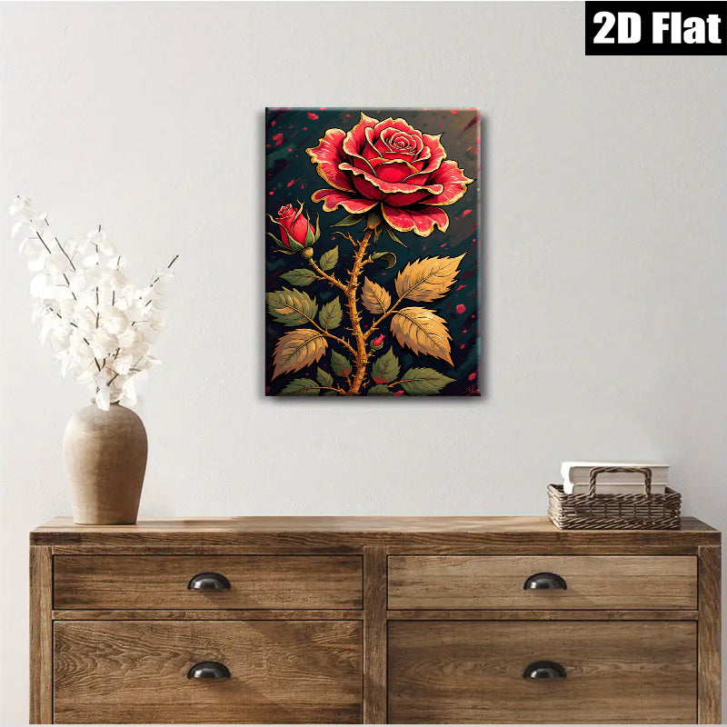 2D flat 1pc Blooming Crimson Rose Wall Art Canvas Prints Botanical Decor Living Room Bedroom Modern Farmhouse Rustic Gallery Wrapped Timeless Elegance