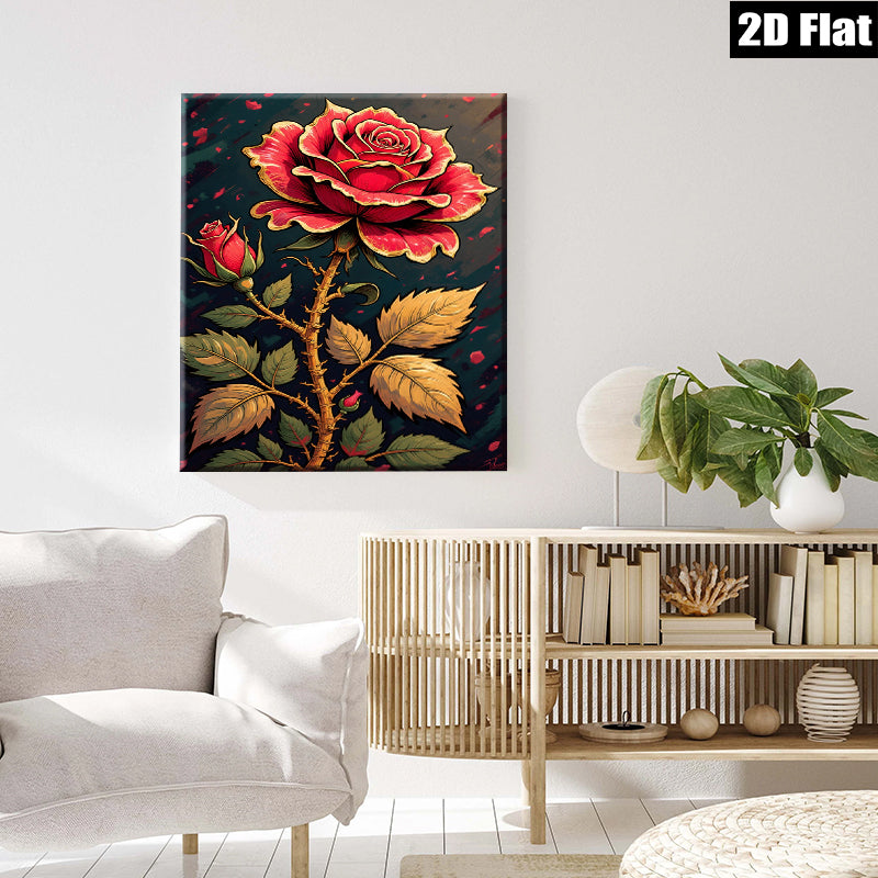 2D flat 1pc Blooming Crimson Rose Wall Art Canvas Prints Botanical Decor Living Room Bedroom Modern Farmhouse Rustic Gallery Wrapped Timeless Elegance