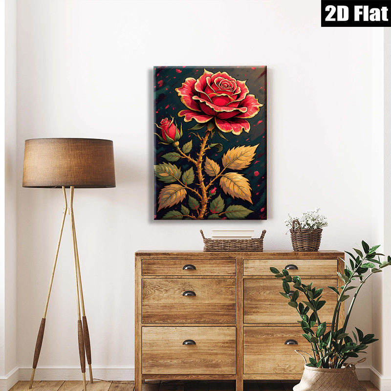 2D flat 1pc Blooming Crimson Rose Wall Art Canvas Prints Botanical Decor Living Room Bedroom Modern Farmhouse Rustic Gallery Wrapped Timeless Elegance