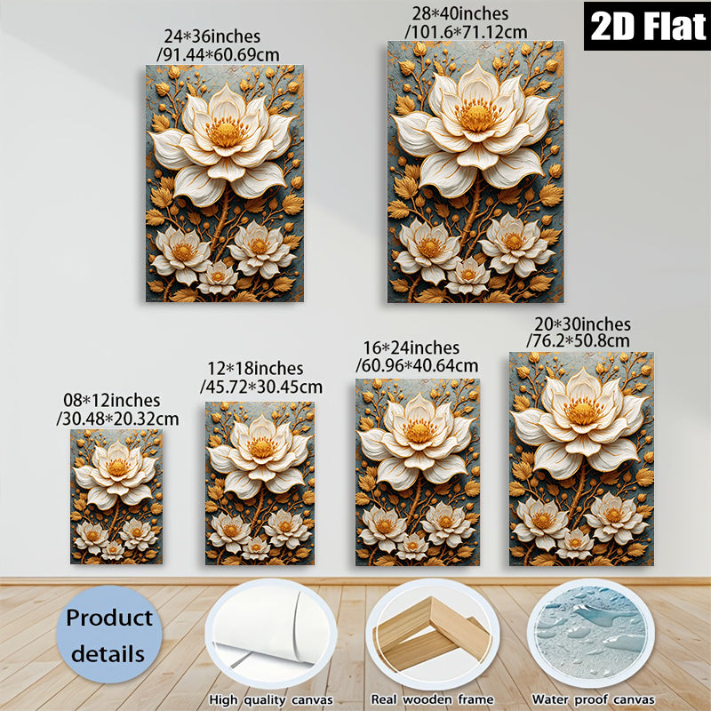 2D flat 1pc Blooming Floral Wall Art Canvas Prints Botanical Artwork Living Room Bedroom Decor Farmhouse Style Modern Gallery Wrapped Teal Gold Accents