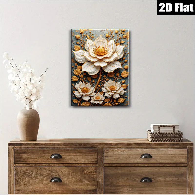 2D flat 1pc Blooming Floral Wall Art Canvas Prints Botanical Artwork Living Room Bedroom Decor Farmhouse Style Modern Gallery Wrapped Teal Gold Accents