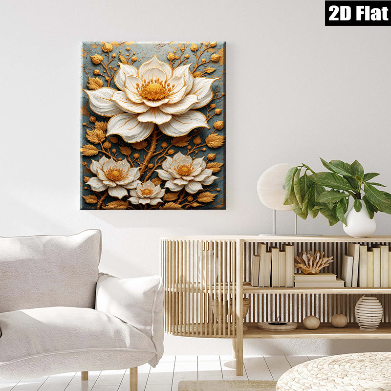 2D flat 1pc Blooming Floral Wall Art Canvas Prints Botanical Artwork Living Room Bedroom Decor Farmhouse Style Modern Gallery Wrapped Teal Gold Accents