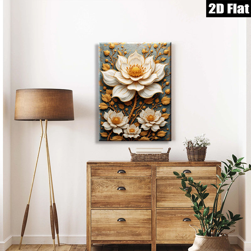 2D flat 1pc Blooming Floral Wall Art Canvas Prints Botanical Artwork Living Room Bedroom Decor Farmhouse Style Modern Gallery Wrapped Teal Gold Accents