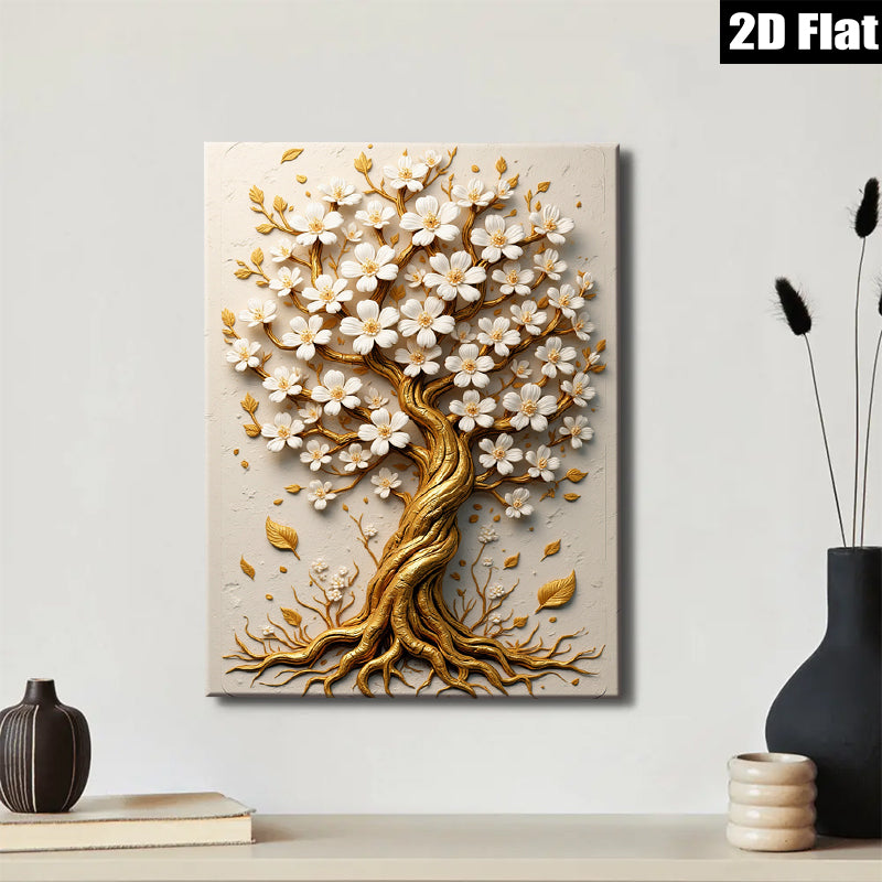 2D flat 1pc Blooming Gold Tree Wall Art Decor for Living Room Bedroom Home Office Gallery Wrapped Canvas Prints Modern Farmhouse Style Inspirational Artwork