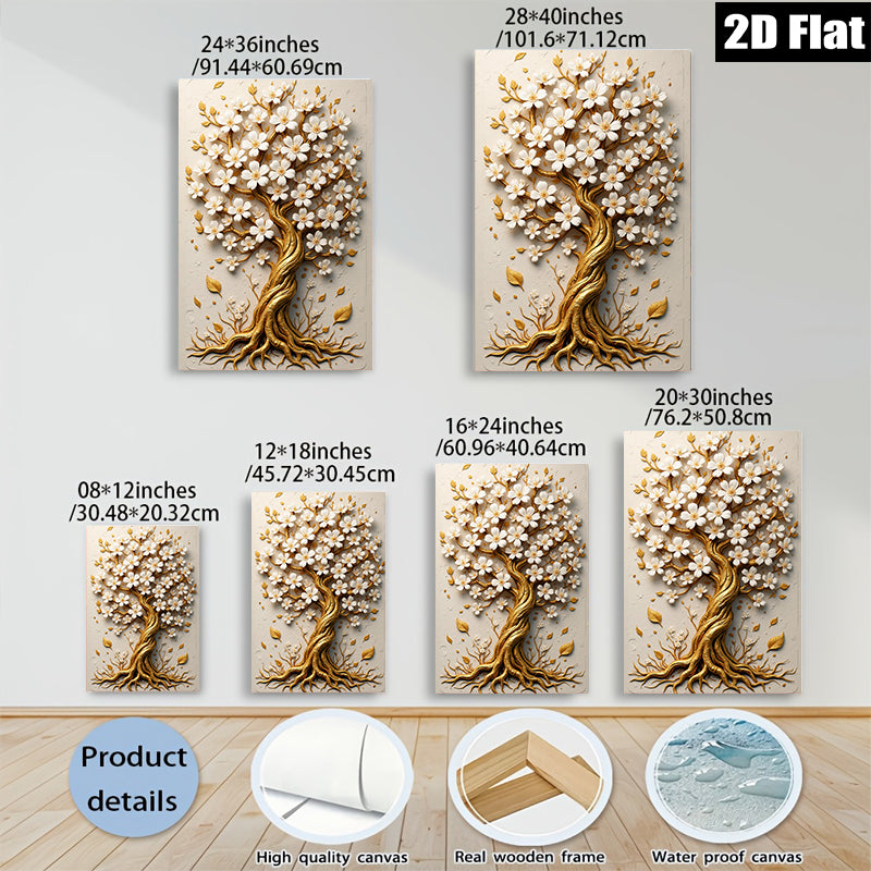 2D flat 1pc Blooming Gold Tree Wall Art Decor for Living Room Bedroom Home Office Gallery Wrapped Canvas Prints Modern Farmhouse Style Inspirational Artwork