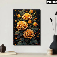 2D flat 1pc Blooming Golden Roses Floral Wall Art Canvas Prints for Living Room Bedroom Home Decor farmhouse style modern gallery wrapped ready to hang
