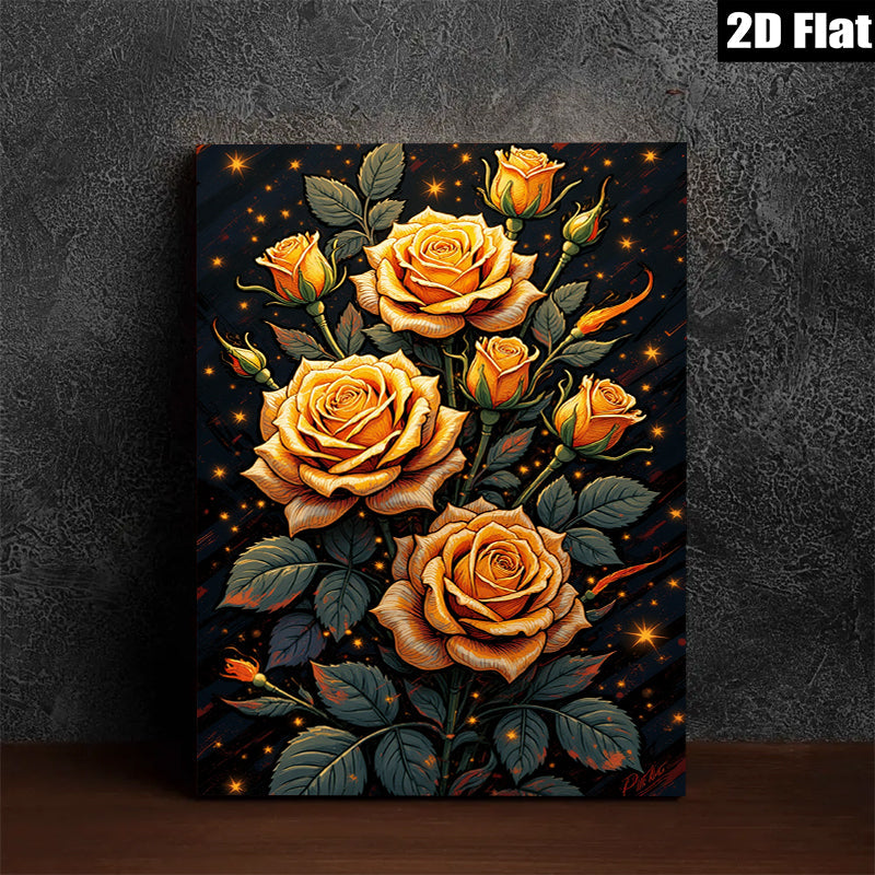 2D flat 1pc Blooming Golden Roses Floral Wall Art Canvas Prints for Living Room Bedroom Home Decor farmhouse style modern gallery wrapped ready to hang