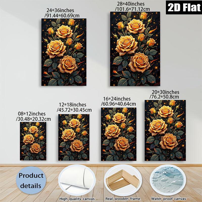 2D flat 1pc Blooming Golden Roses Floral Wall Art Canvas Prints for Living Room Bedroom Home Decor farmhouse style modern gallery wrapped ready to hang